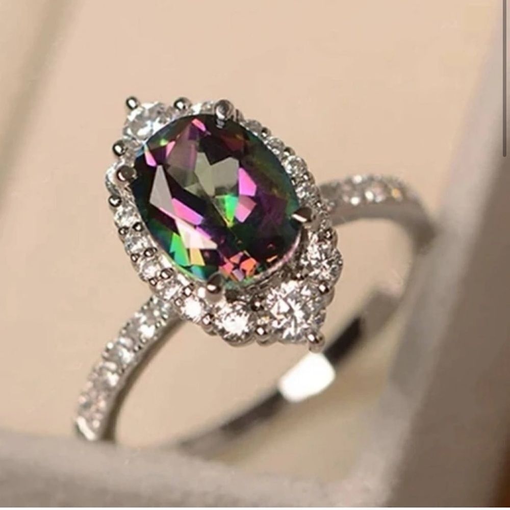 Mystic Topaz Cubic Zirconia Halo Silver Tone Ring Size 8